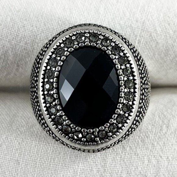 PD-77 Premier Designs Jewelry Onyx Silver Crystal Black Glass Ring RV 49 - Picture 2 of 5